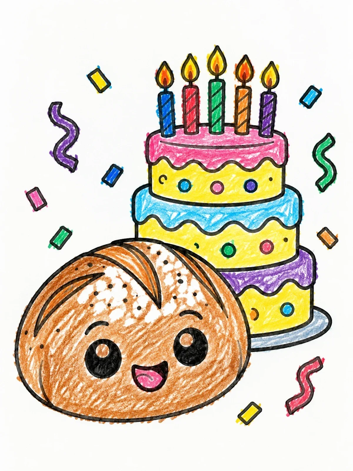 Colored example of the Cute Bread Loaf And Birthday Cake coloring page