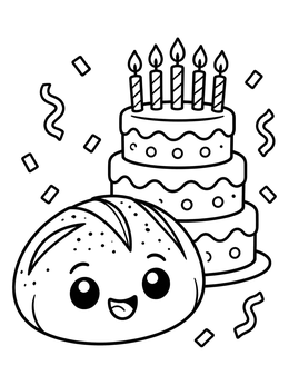 A cute food coloring page featuring a smiling bread loaf and a frosted birthday cake with candles.