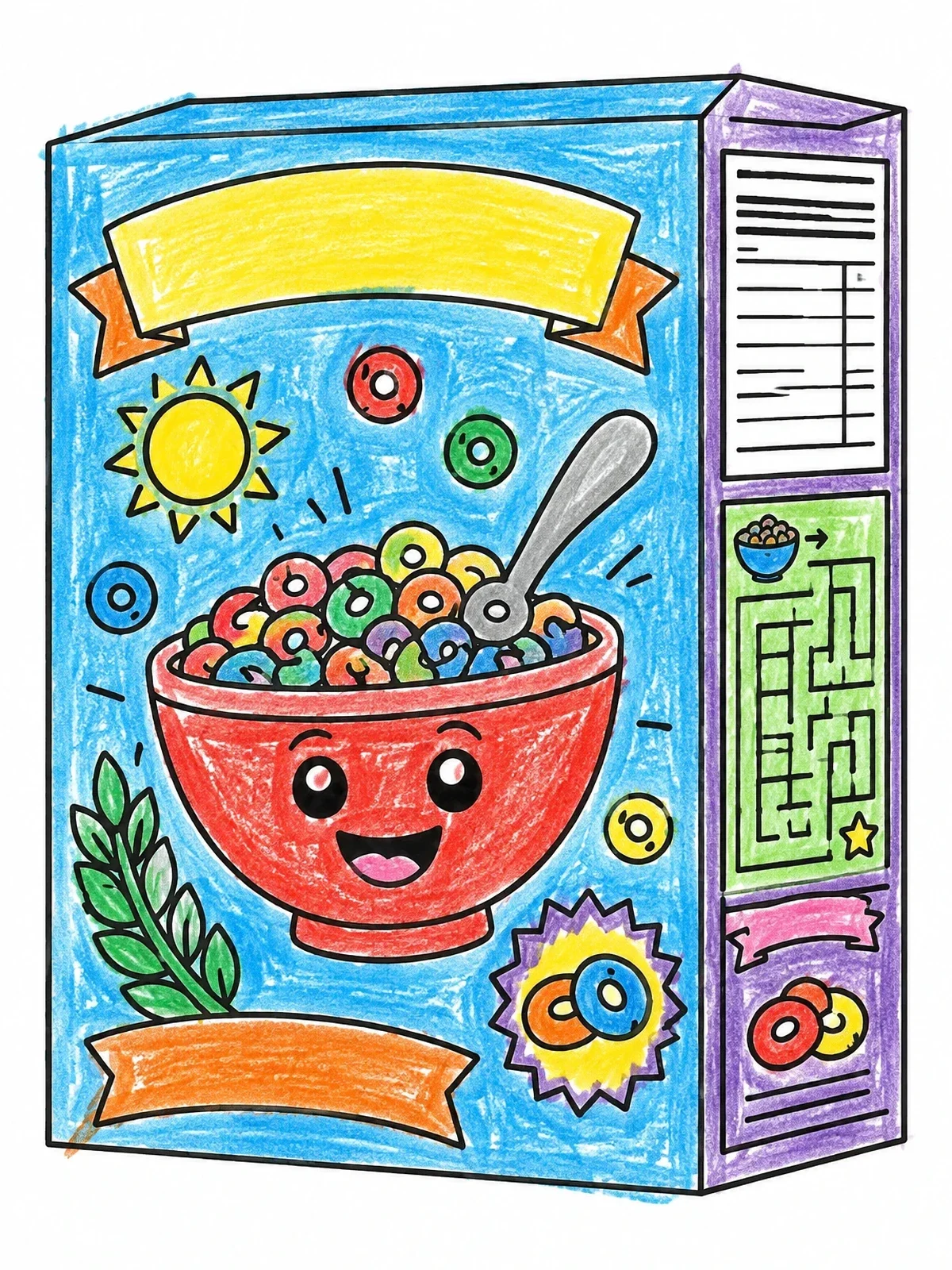 Colored example of the Cute Breakfast Cereal Box Design coloring page