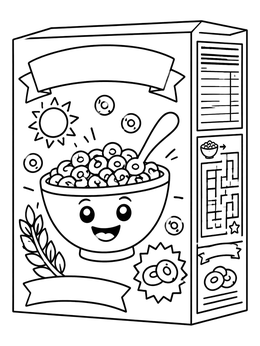 A happy bowl on a cereal coloring page box with side panel activities.