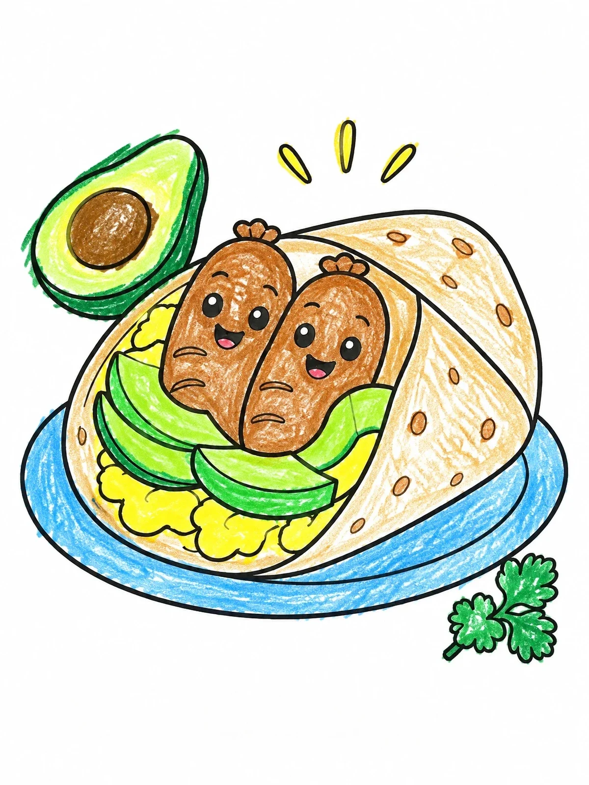 Colored example of the Cute Breakfast Sausage Burrito coloring page