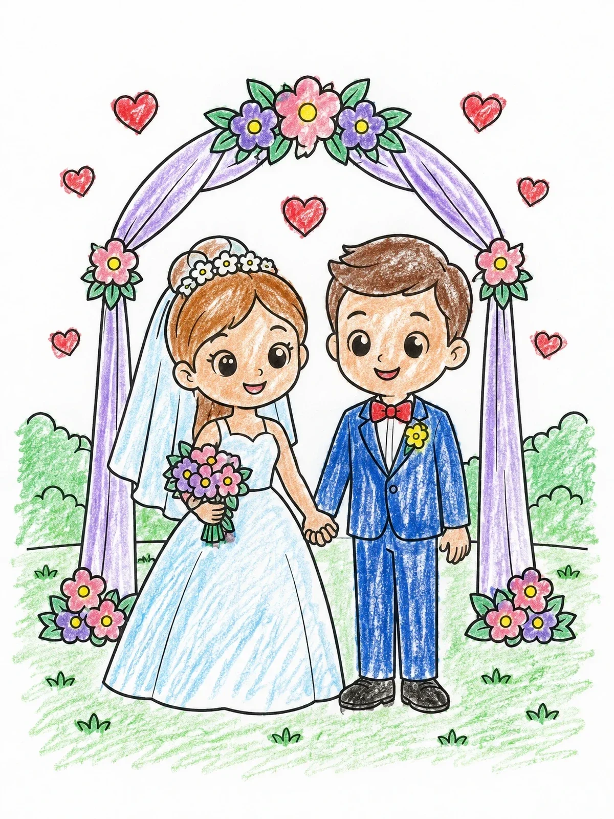 Colored example of the Cute Bride And Groom Wedding Arch coloring page