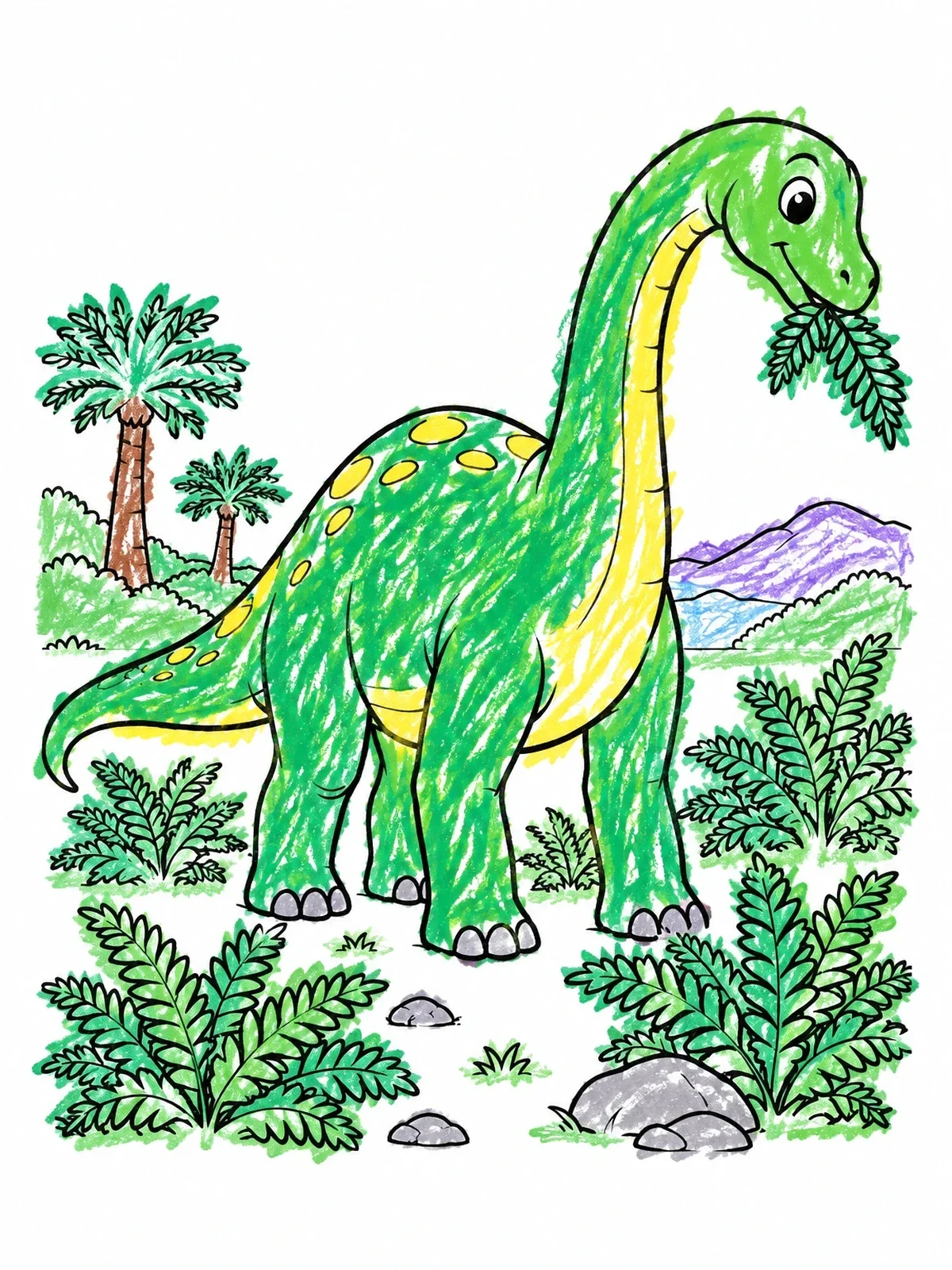 Colored example of the Cute Brontosaurus Munching On Ferns coloring page