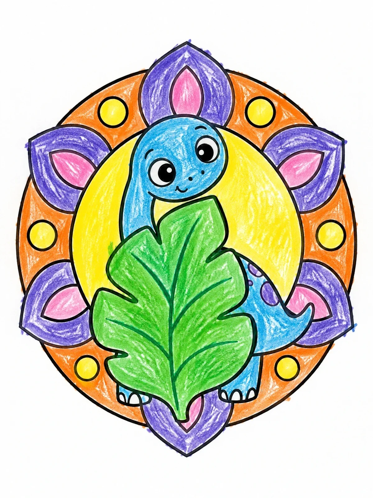 Colored example of the Cute Brontosaurus Hiding Behind Leaf coloring page