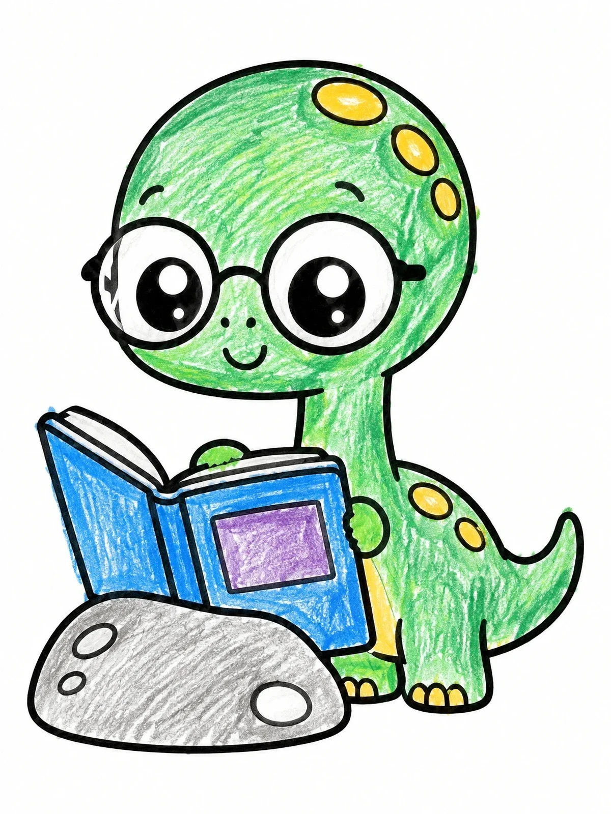 Colored example of the Cute Brontosaurus Reading A Book coloring page