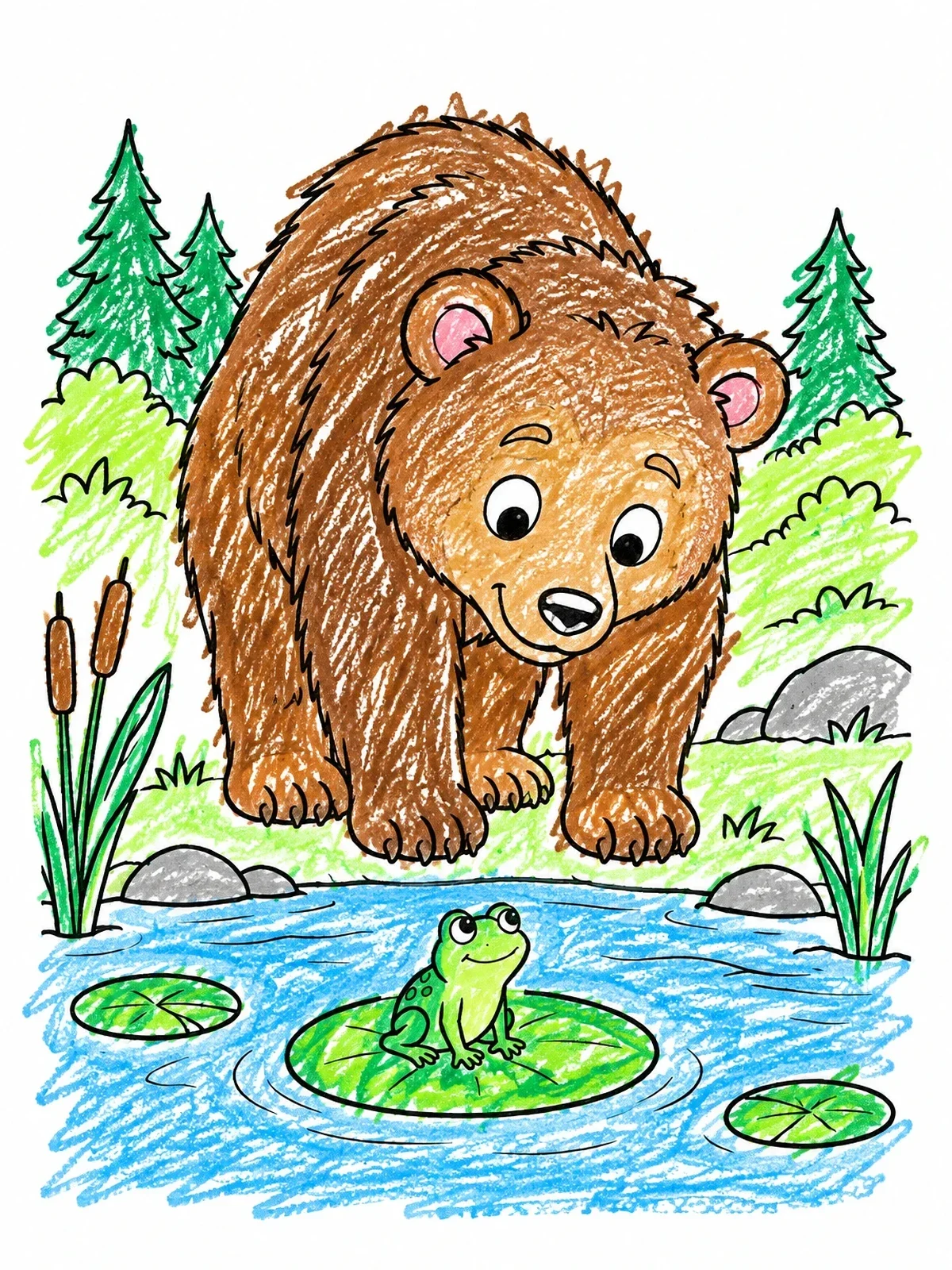 Colored example of the Cute Bear Looking At Frog coloring page