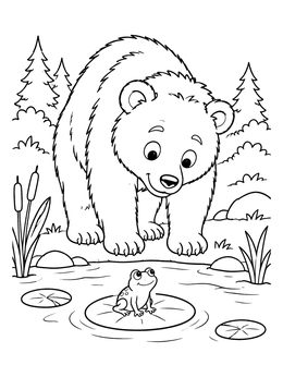 A friendly brown bear coloring page featuring a curious cub watching a tiny frog on a lily pad.