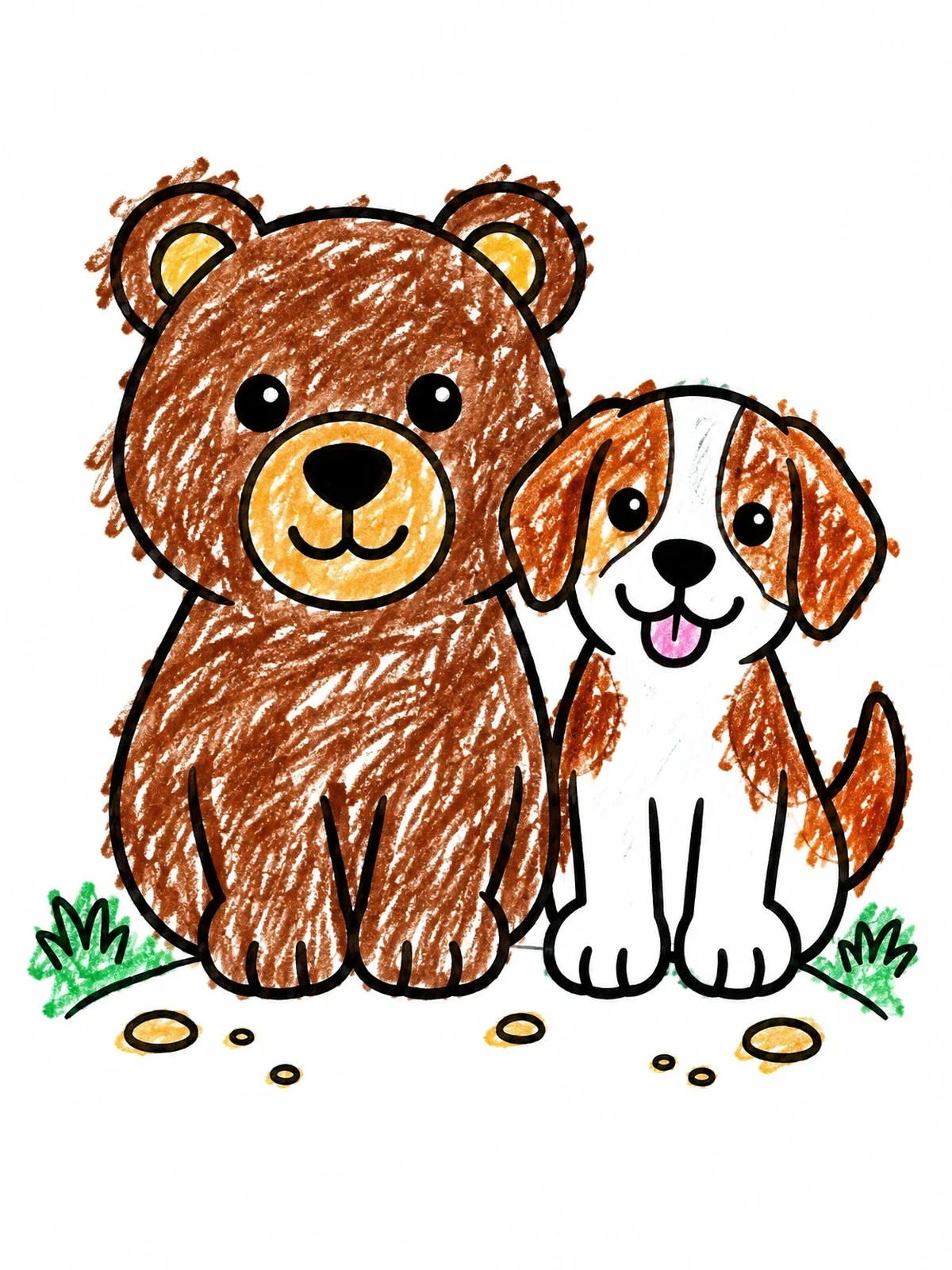 Colored example of the Cute Brown Bear And Puppy Friend coloring page