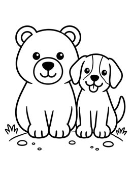 A brown bear coloring page featuring a cute bear cub sitting with a puppy.