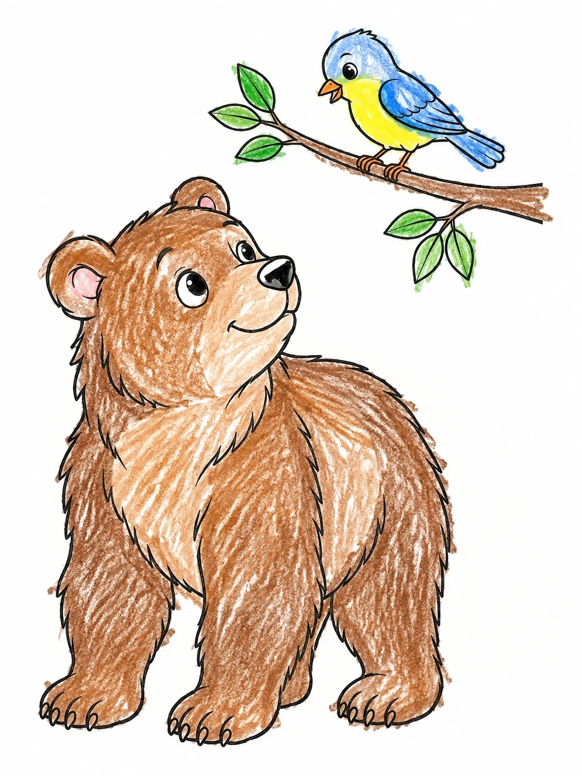 Colored example of the Cute Brown Bear And Songbird coloring page