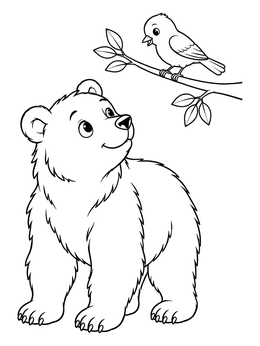 Free printable Cute Brown Bear And Songbird coloring page