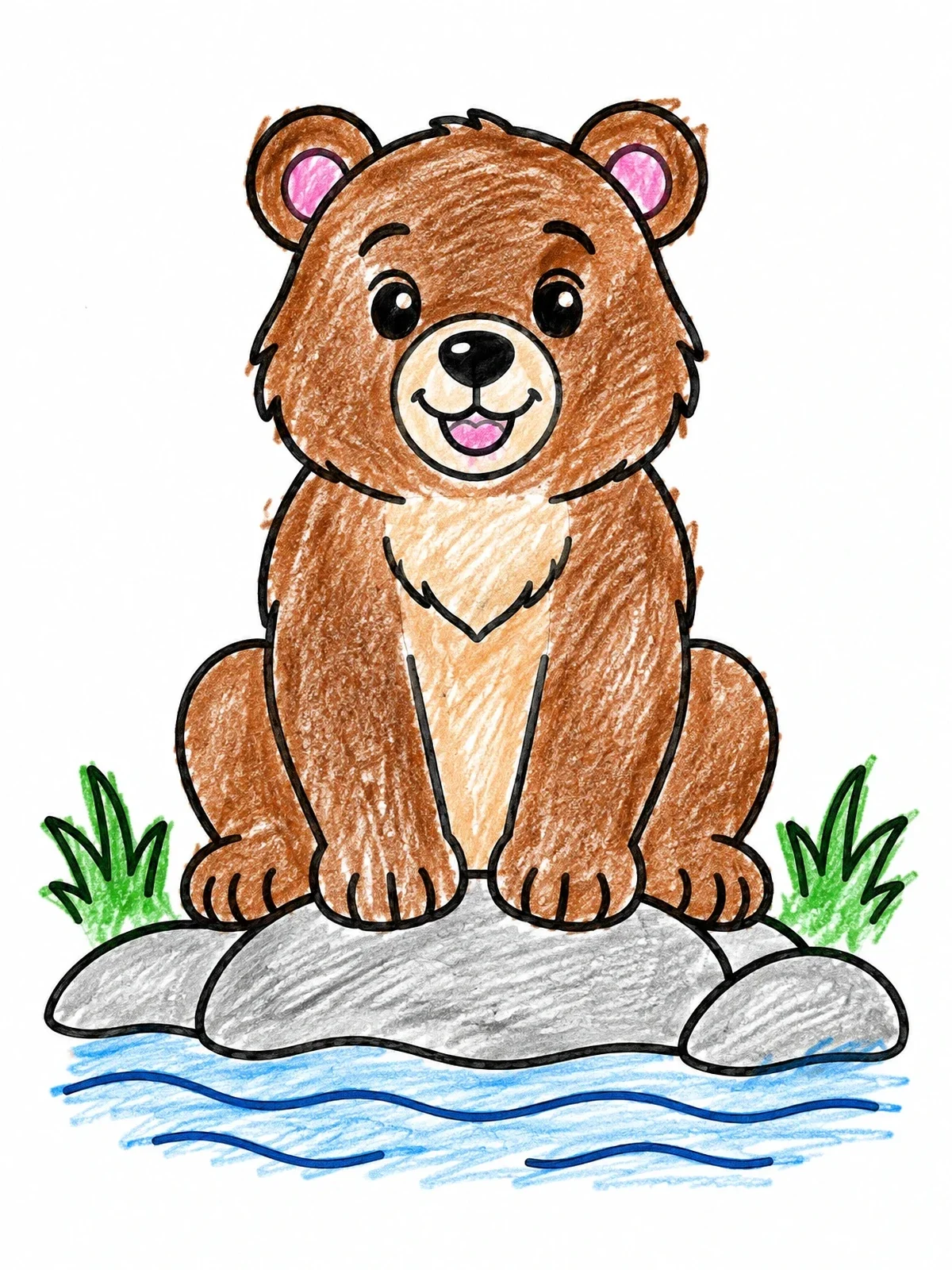Colored example of the Cute Brown Bear Cub By The Water coloring page