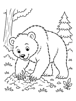 A friendly bear coloring page showing a grizzly bear digging in the dirt among forest trees.