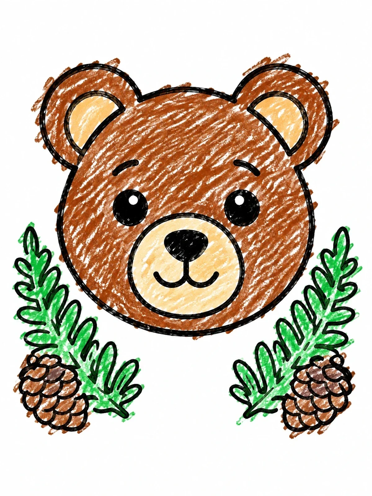 Colored example of the Cute Bear Face With Pinecones coloring page