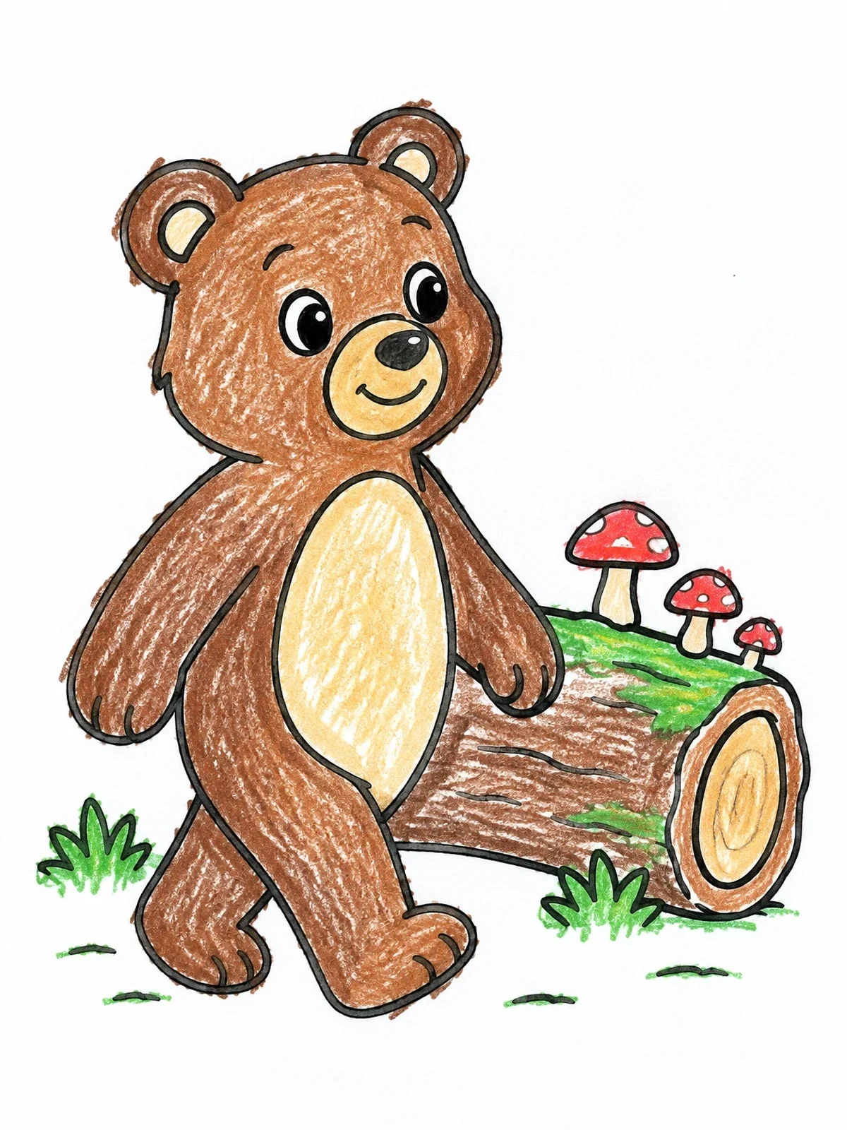 Colored example of the Cute Brown Bear By A Log coloring page
