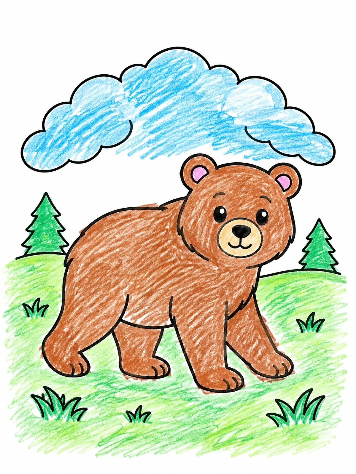 Colored example of the Cute Brown Bear In A Meadow coloring page
