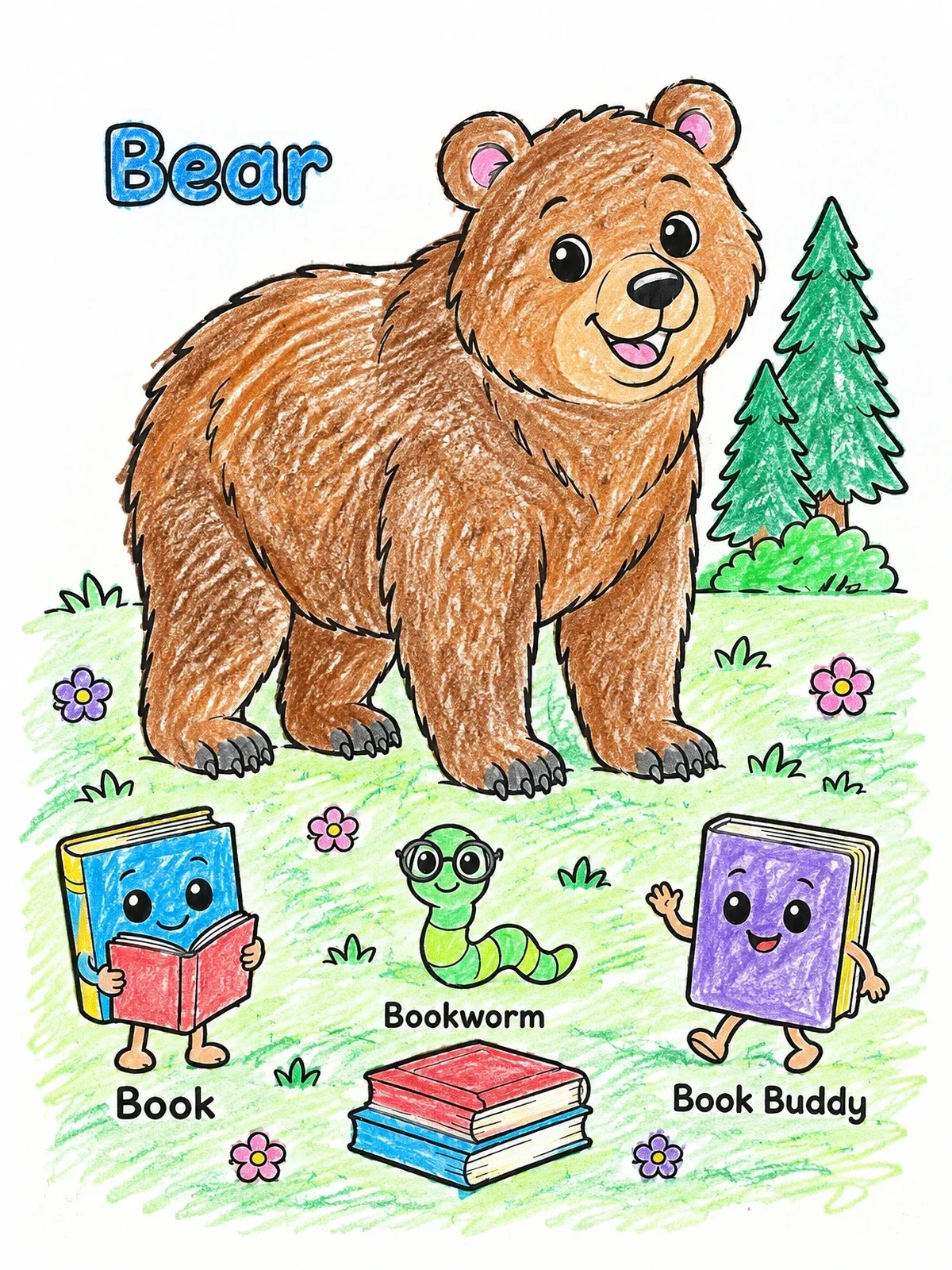 Colored example of the Bear And Reading Book Friends coloring page