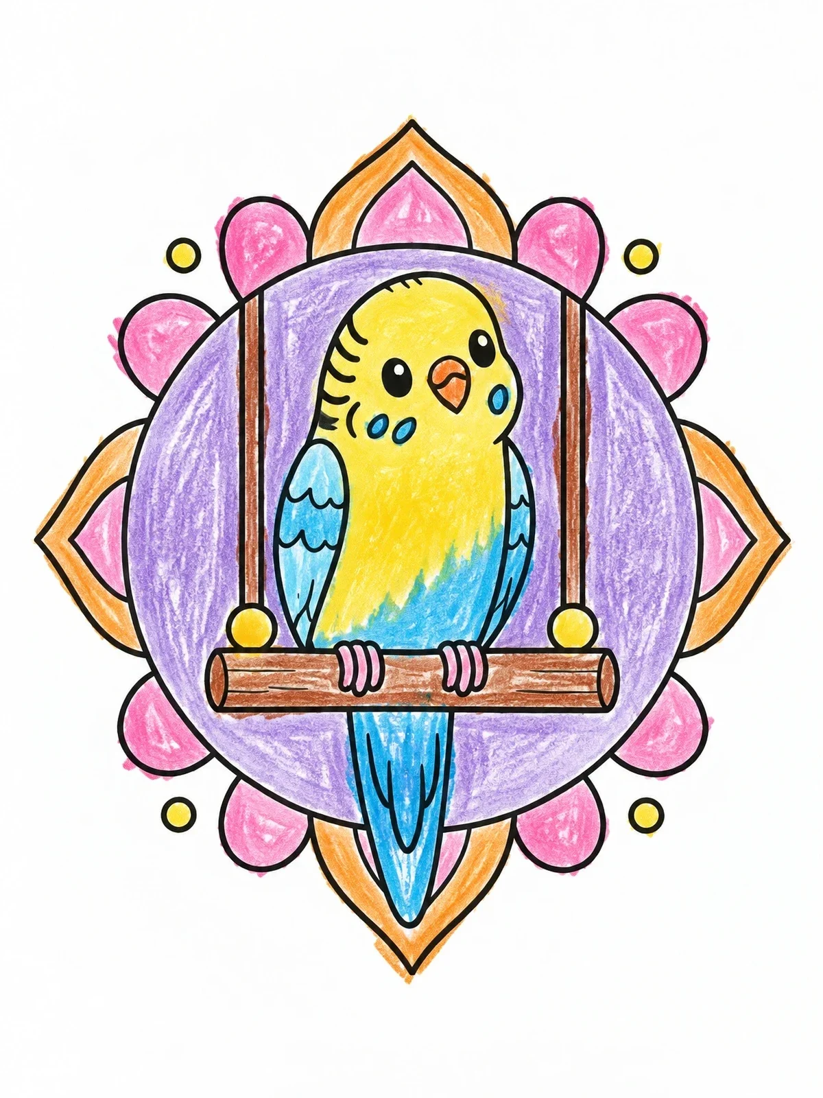 Colored example of the Cute Budgie On A Swing coloring page