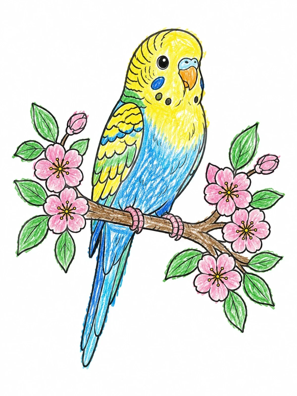 Colored example of the Cute Budgie On A Flowering Branch coloring page