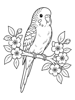 Free printable Cute Budgie On A Flowering Branch coloring page