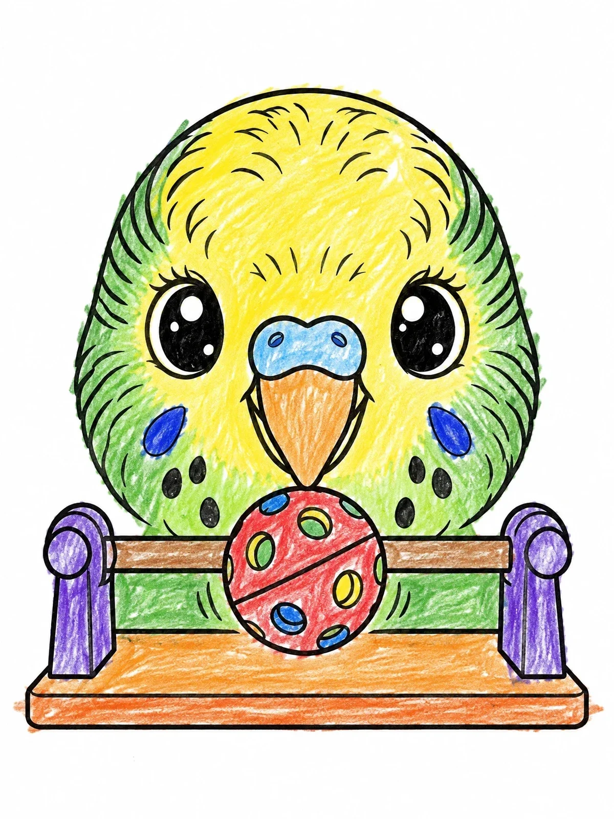Colored example of the Cute Budgie Playing With Ball coloring page