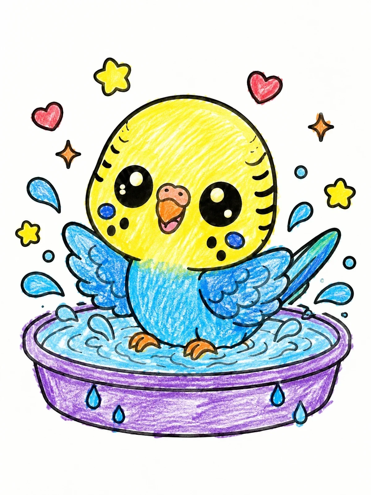 Colored example of the Cute Budgie Taking A Bath coloring page