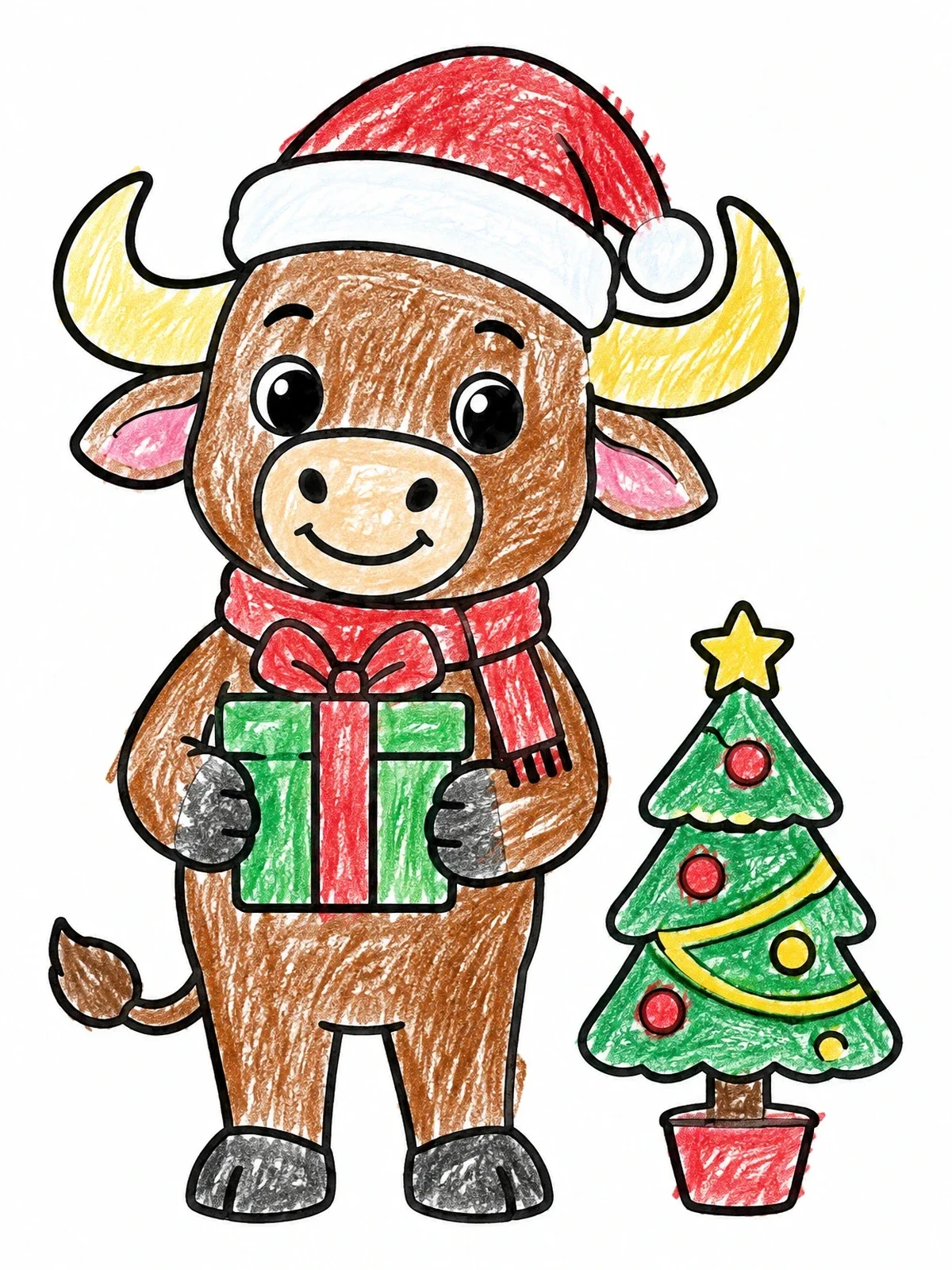 Colored example of the Cute Buffalo Celebrating Christmas Holiday coloring page