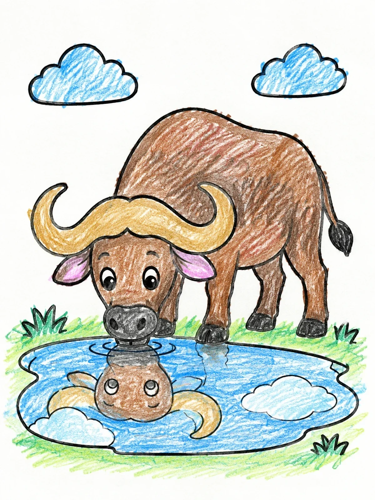 Colored example of the Cute Buffalo Drinking At Watering Hole coloring page