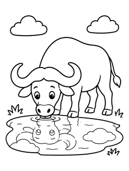 Free printable Cute Buffalo Drinking At Watering Hole coloring page