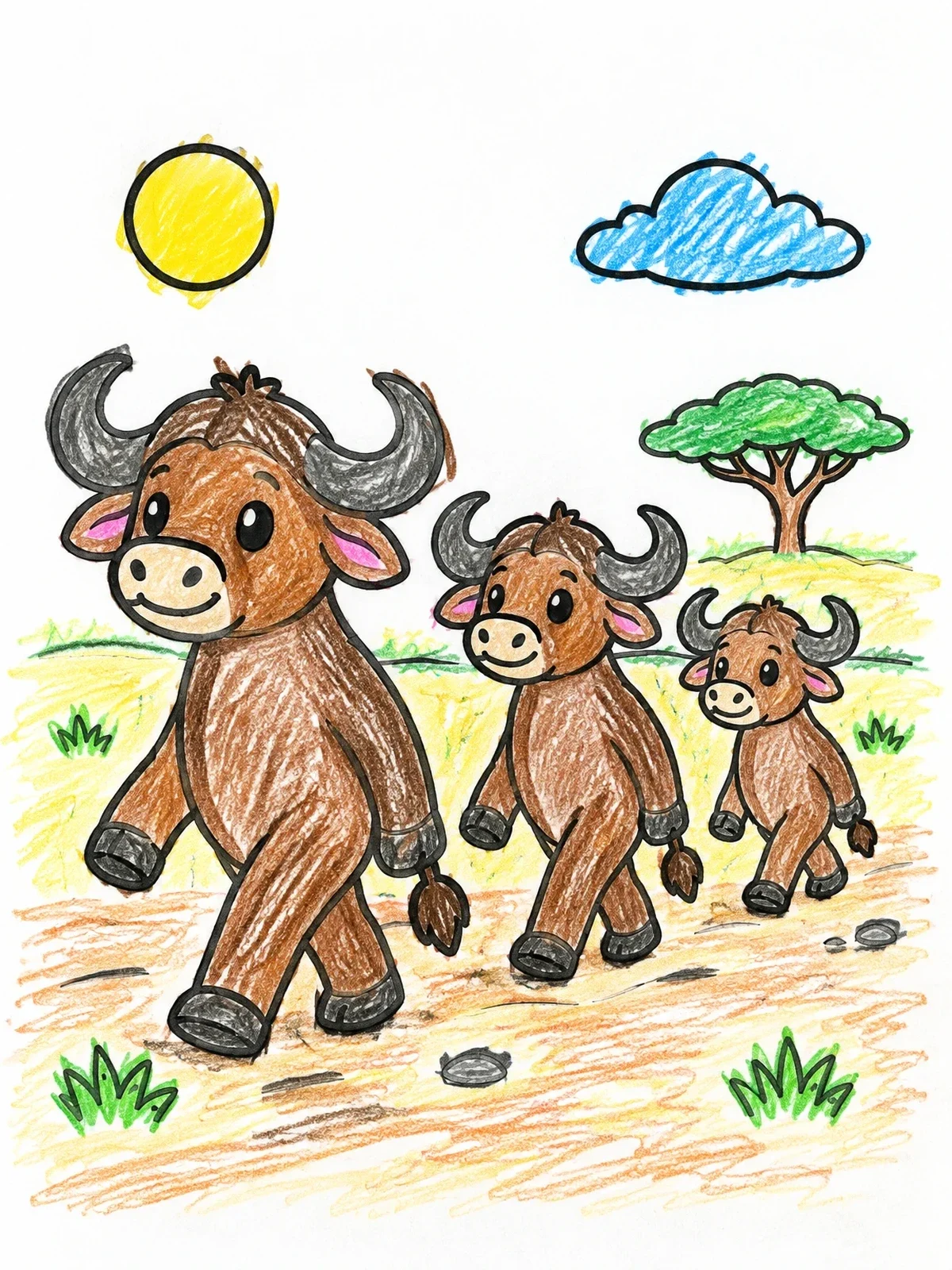 Colored example of the Cute Buffalo Family On Savanna coloring page