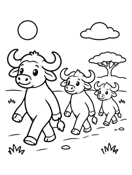 Free printable Cute Buffalo Family On Savanna coloring page