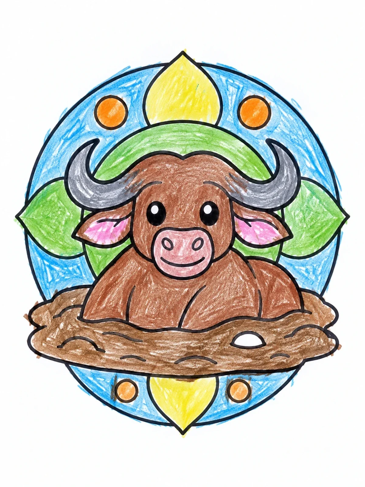 Colored example of the Cute Buffalo In Mud Wallow coloring page