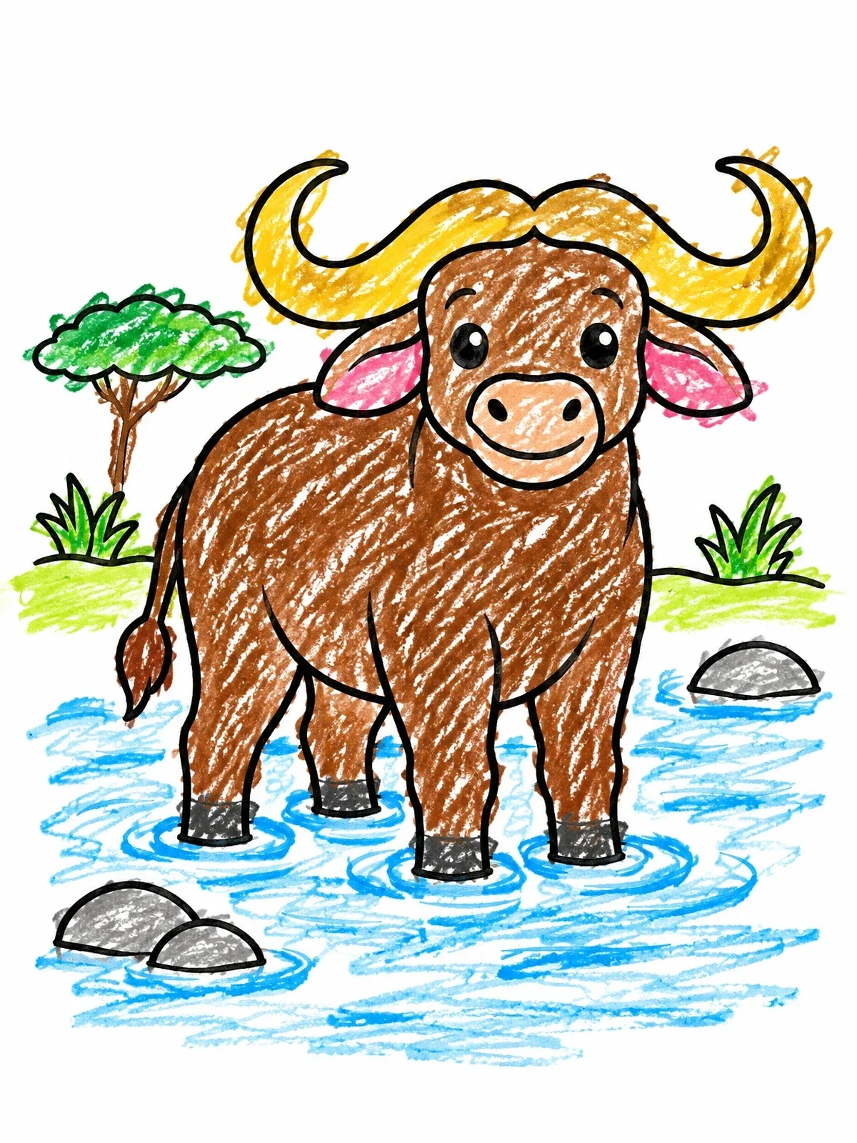 Colored example of the Cute Buffalo Wading In Water coloring page