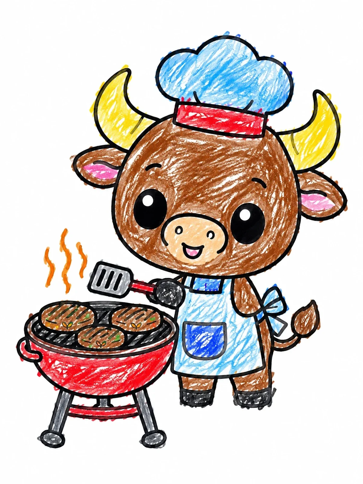 Colored example of the Cute Bull Chef Grilling Patties coloring page