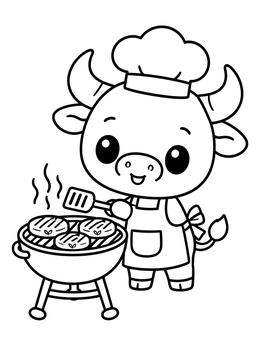 Free printable Cute Bull Chef Grilling Patties coloring page