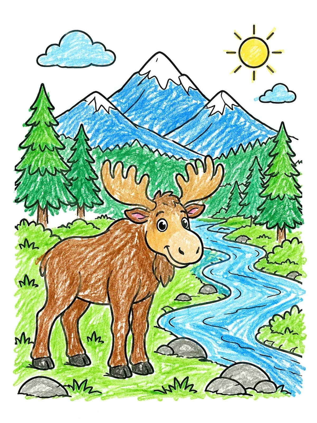 Colored example of the Cute Bull Moose By A River coloring page