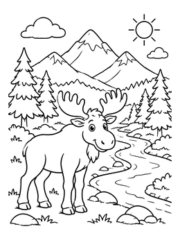 Free printable Cute Bull Moose By A River coloring page