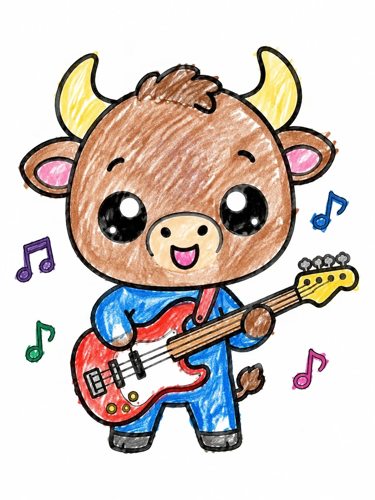 Colored example of the Cute Little Bull Playing Electric Bass coloring page