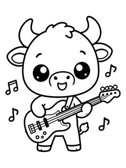 A cheerful bull coloring page featuring a cute calf playing electric bass guitar.