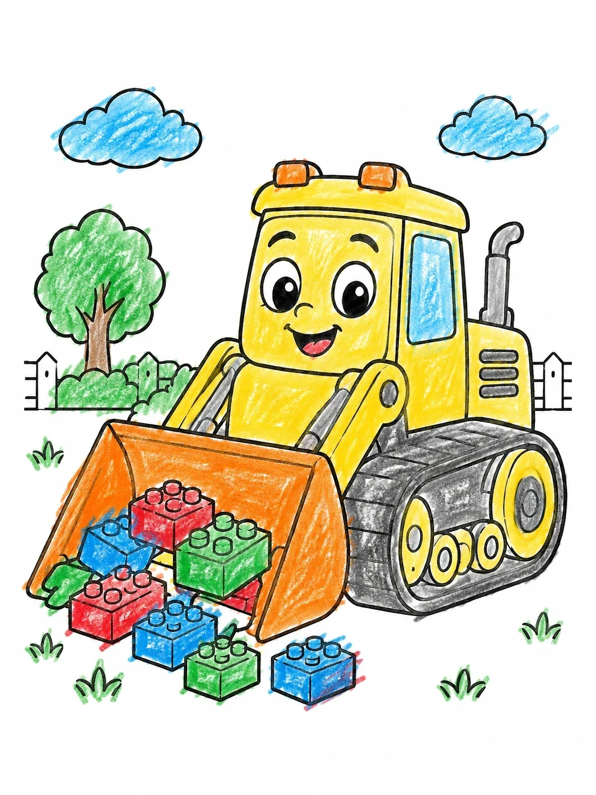 Colored example of the Cute Bulldozer With Toy Blocks coloring page