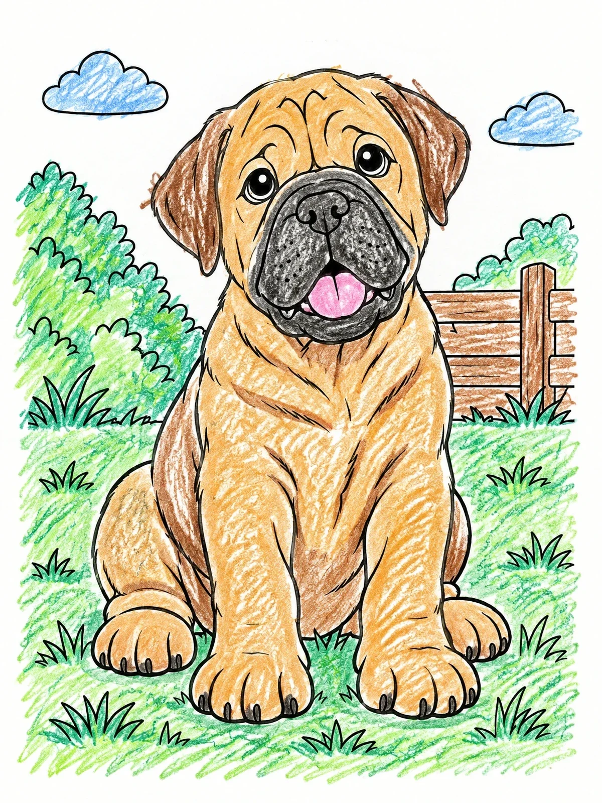Colored example of the Cute Bullmastiff Puppy In The Yard coloring page