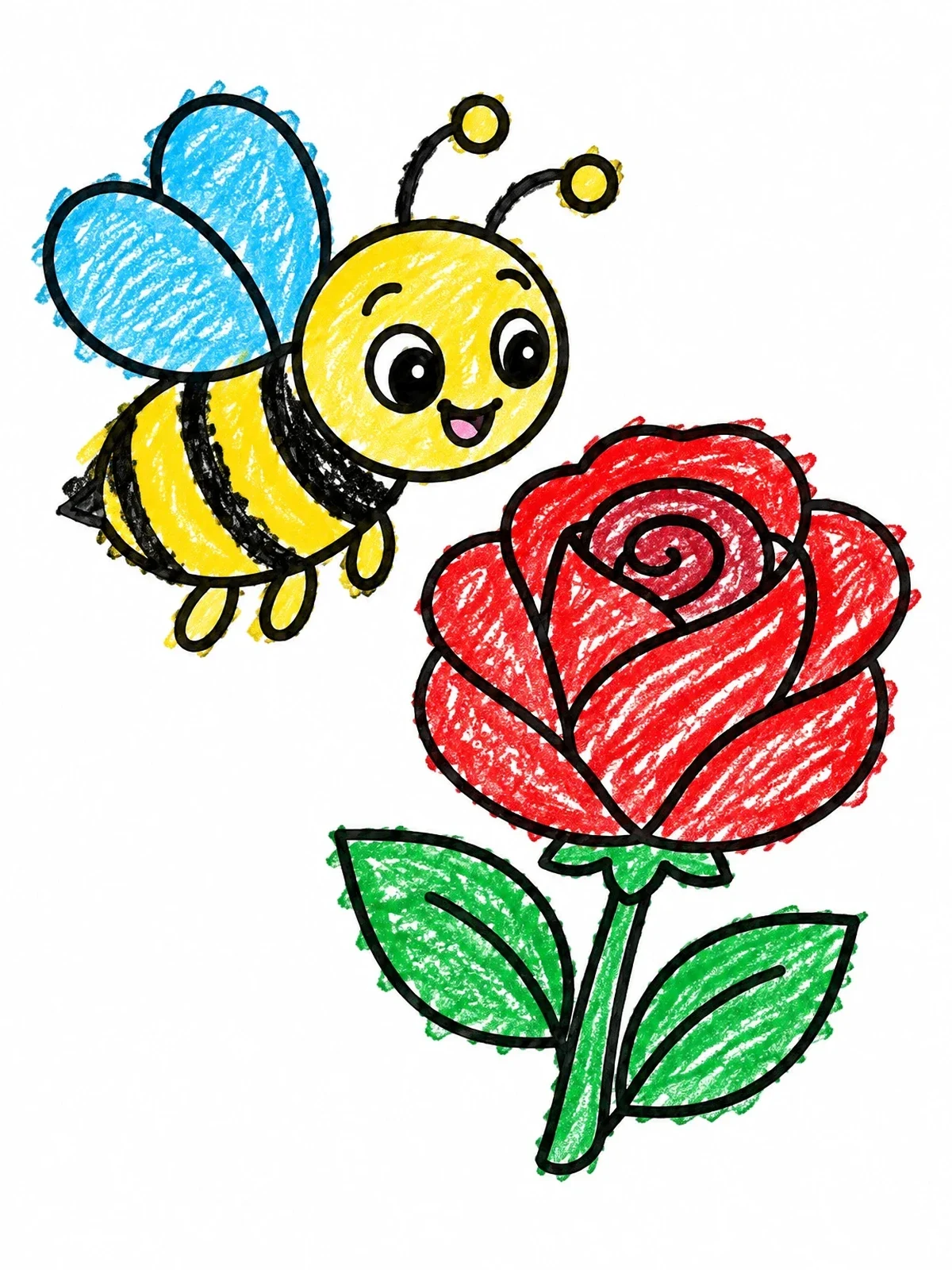 Colored example of the Cute Bumblebee And Rose Bloom coloring page