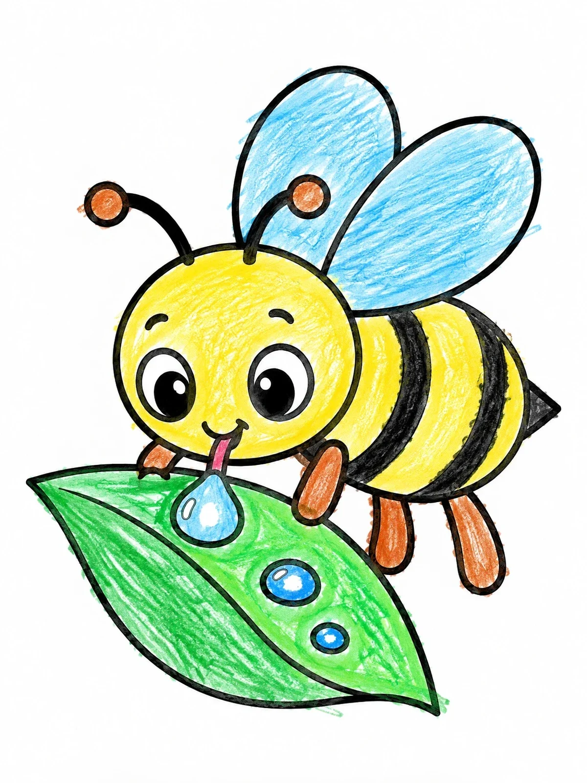 Colored example of the Cute Bumblebee Sipping Dewdrop coloring page