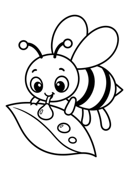 A cute cartoon bee coloring page showing a bumblebee drinking water from a leaf.