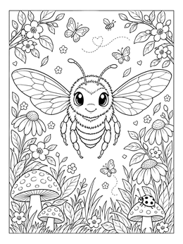 A cheerful bumblebee flies over a garden in this cute bee coloring page.