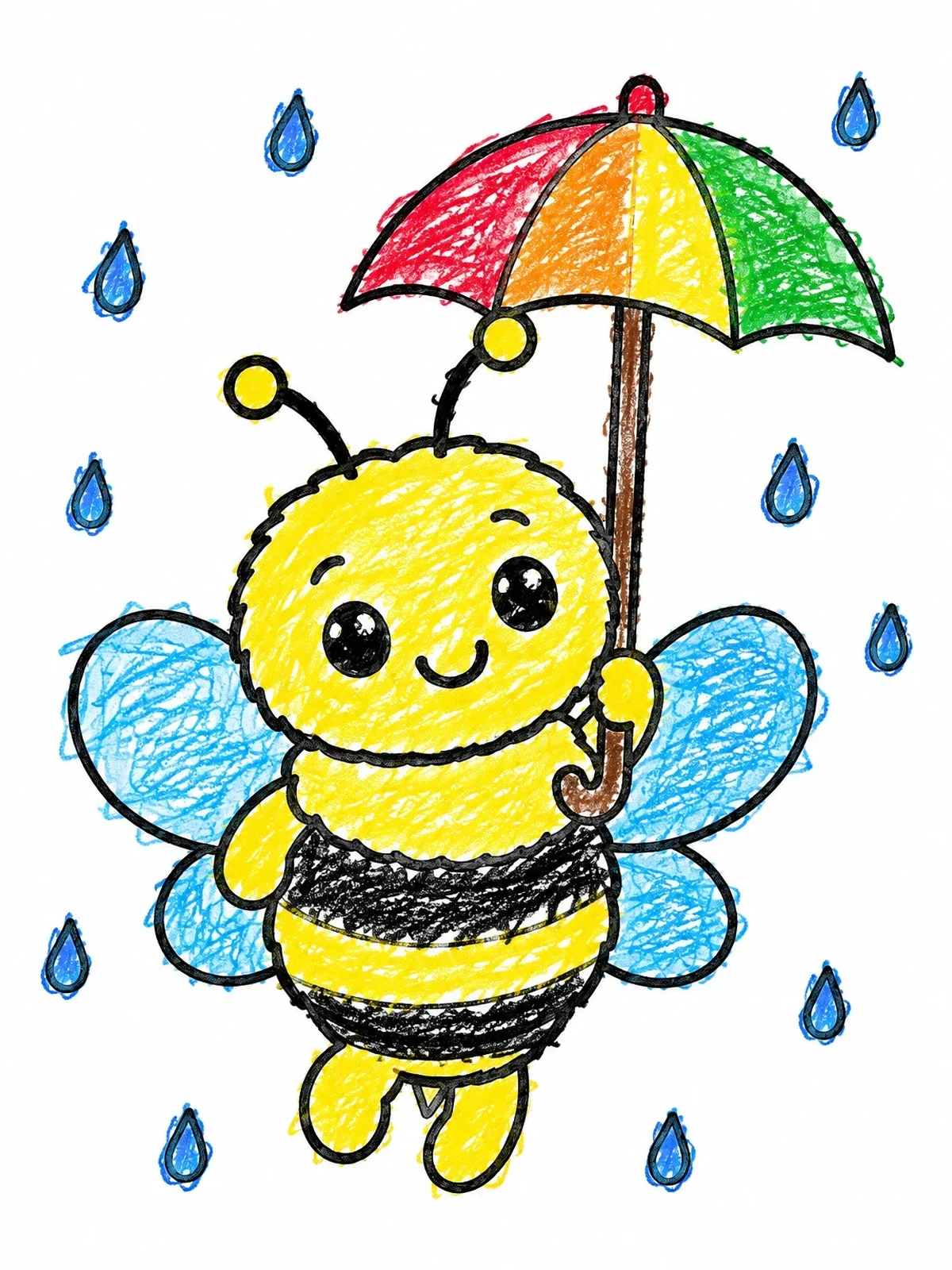 Colored example of the Cute Bumblebee With Umbrella coloring page
