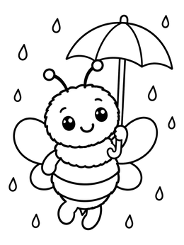 A cute bee coloring page featuring a fluffy bumblebee holding a small umbrella in the rain.