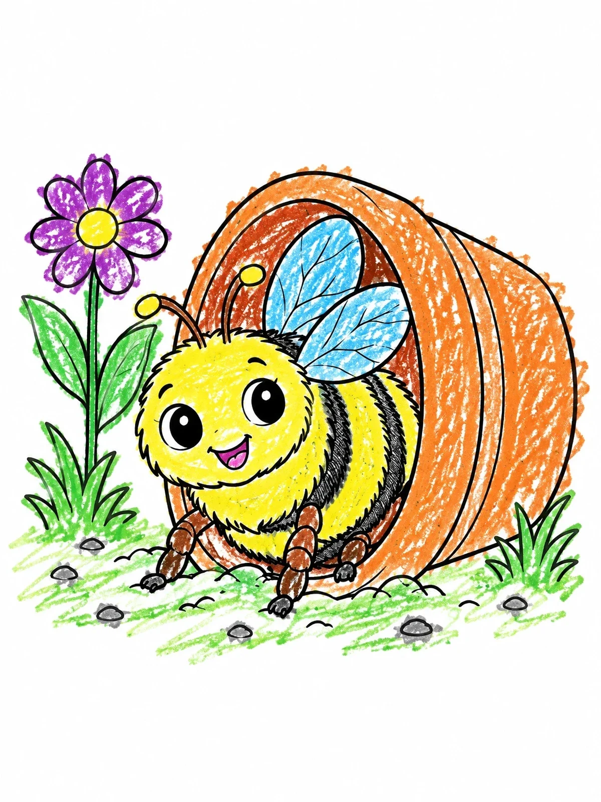 Colored example of the Cute Bumblebee In Flower Pot coloring page