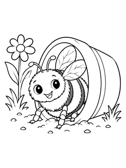 A cute bee coloring page featuring a bumblebee crawling out of a tipped flower pot.