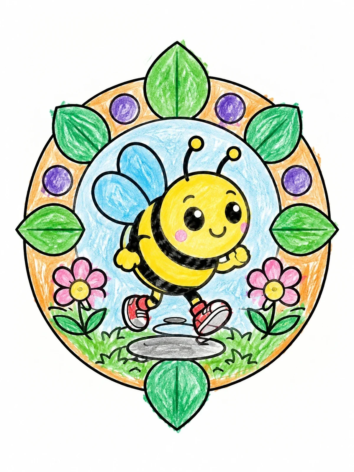 Colored example of the Cute Bumblebee Jogging In Garden coloring page